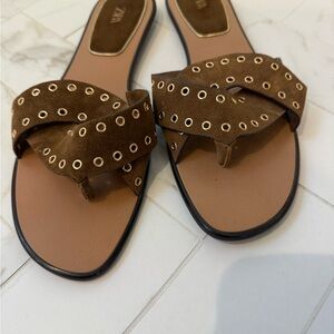 Zara Brown Suede Sandals with Gold Accents